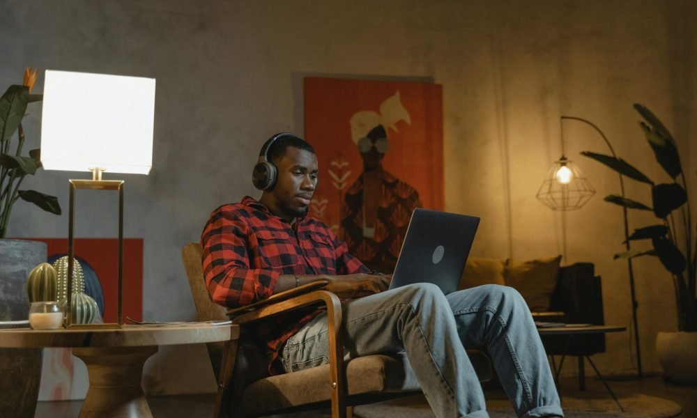 person working in living room alone