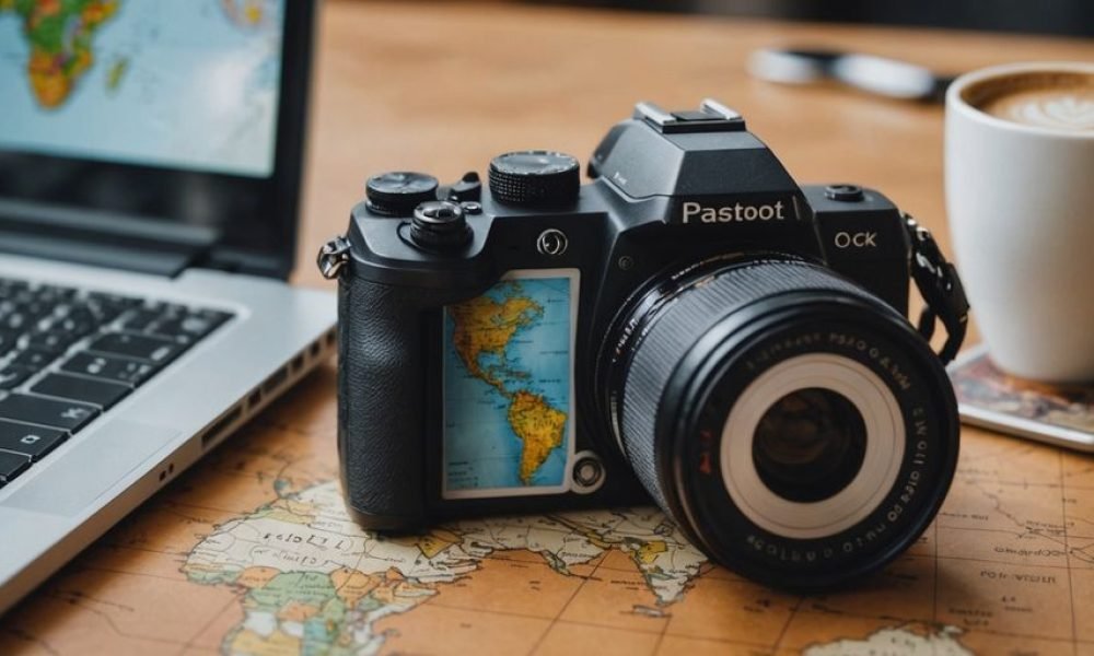 Essentials for digital nomads: passport, laptop, coffee on map